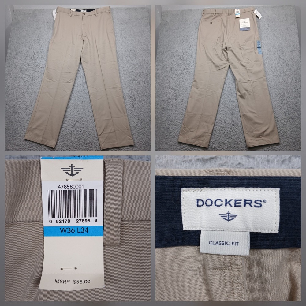 Dockers Classic Fit Pants Men 36x34 Khaki 100% Cotton‎ NWT
